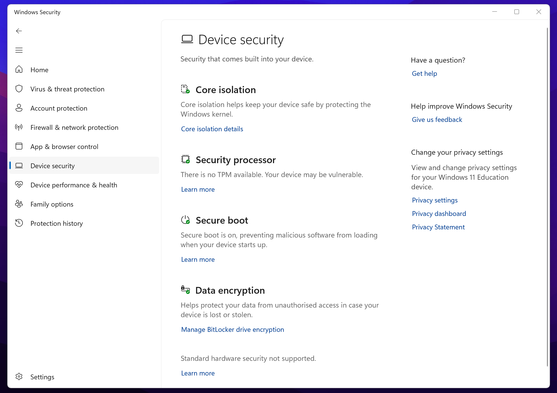 Windows Device Security Settings